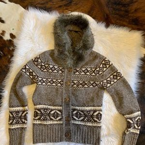 Wool Cardigan with Faux Fur Hood